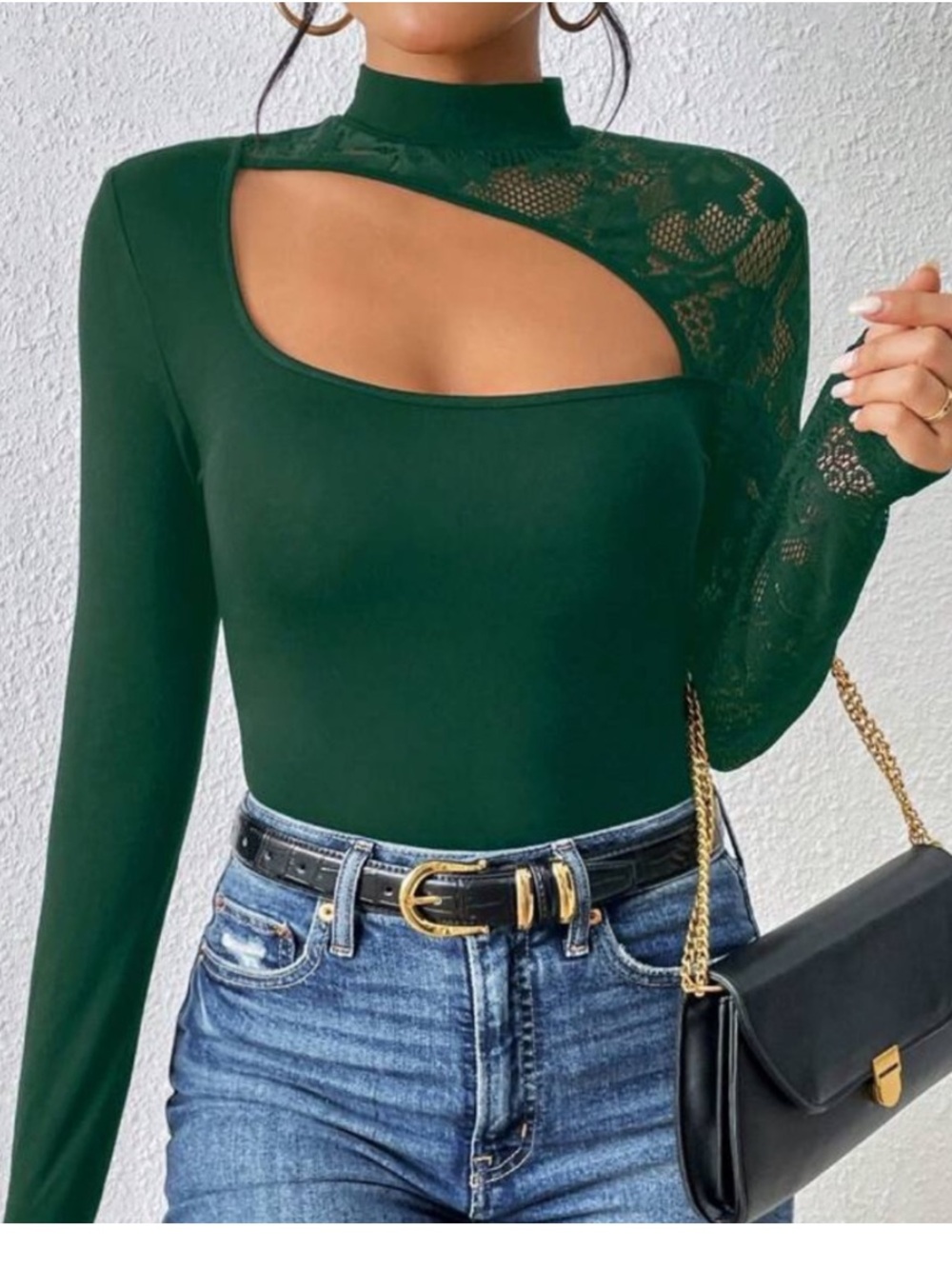 Women's Dark Green Lace Accent Cutout Long-Sleeve Top